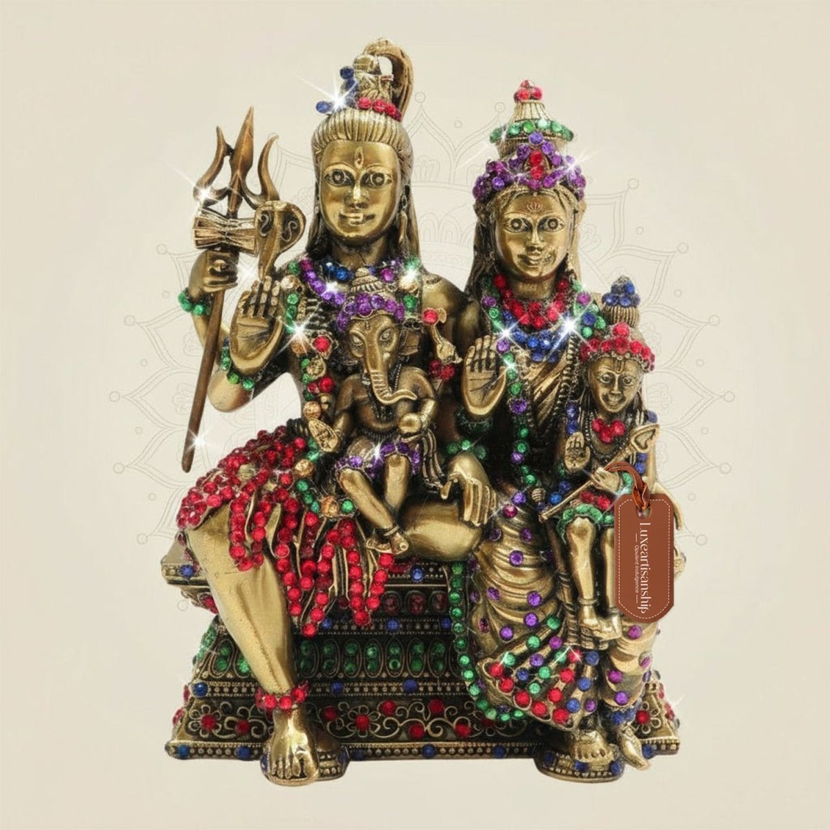 Brass Shiva Parivar Idol with Multicoloured Stone Work