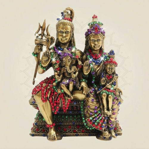 6" Brass Shiva Parivar Idol Featuring Vibrant Multicoloured Stone Work