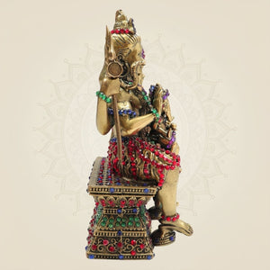 6" Brass Shiva Parivar Idol Featuring Vibrant Multicoloured Stone Work - Luxeartisanship