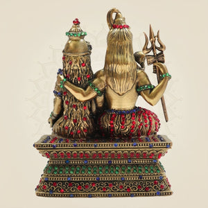 6" Brass Shiva Parivar Idol Featuring Vibrant Multicoloured Stone Work - Luxeartisanship