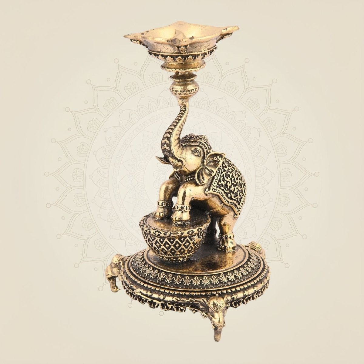 6" Elephant Brass Lamp – Handcrafted Diya for Pooja, Decor & Gifts - Luxeartisanship