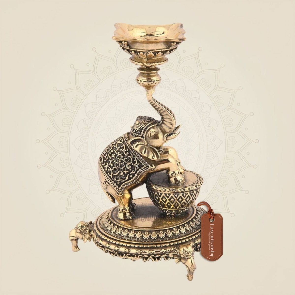 6" Elephant Brass Lamp – Handcrafted Diya for Pooja, Decor & Gifts - Luxeartisanship