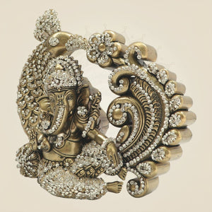 6" Ganesha Brass Statue in Ornate Peacock Farm with Jewellery Stone Work - Luxeartisanship