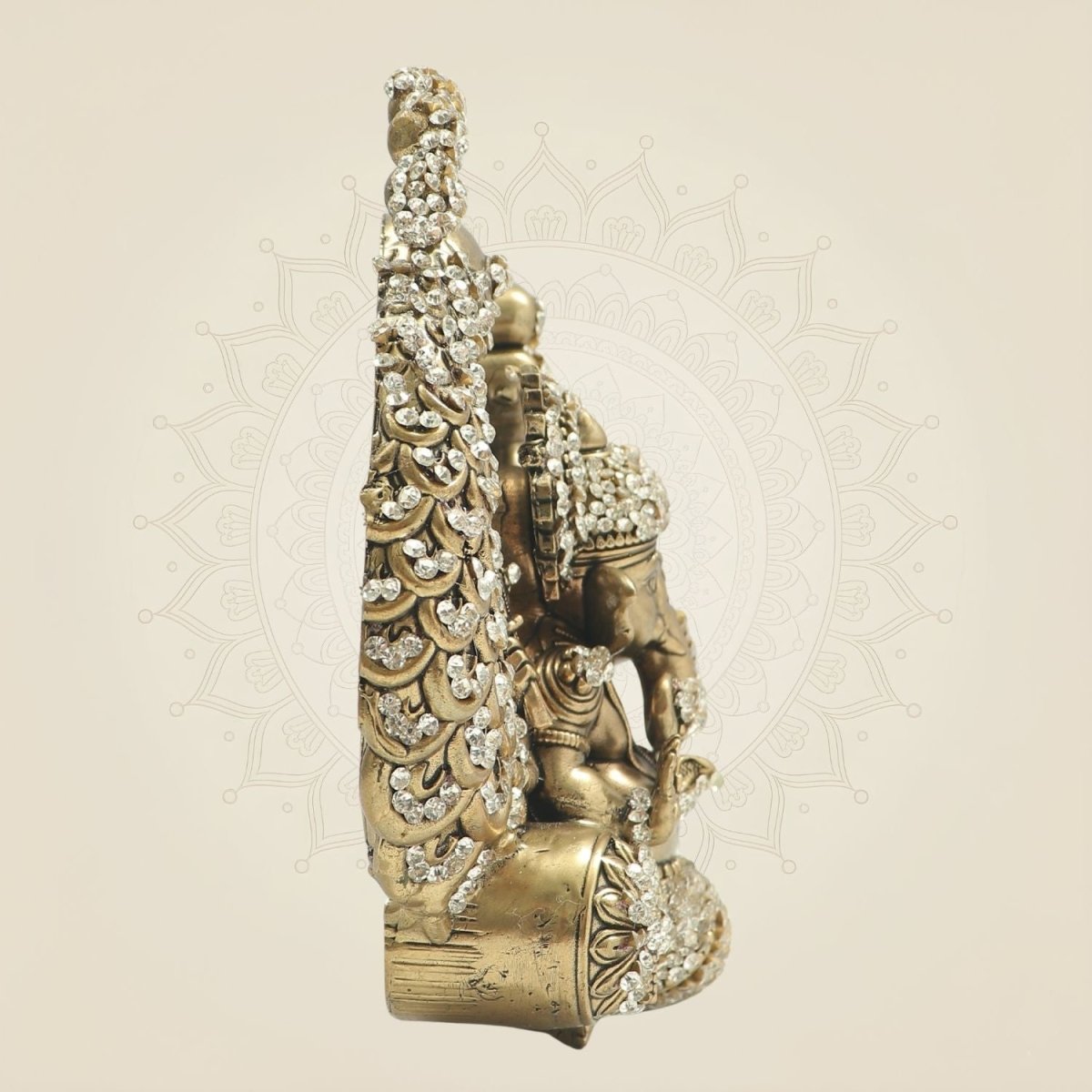 6" Ganesha Brass Statue in Ornate Peacock Farm with Jewellery Stone Work - Luxeartisanship