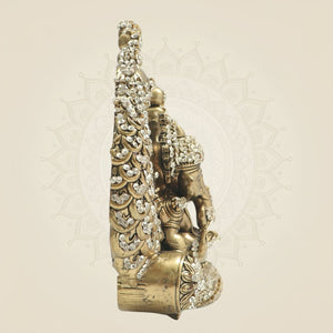 6" Ganesha Brass Statue in Ornate Peacock Farm with Jewellery Stone Work - Luxeartisanship