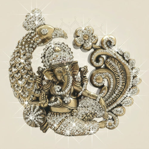 6" Ganesha Brass Statue in Ornate Peacock Farm with Jewellery Stone Work