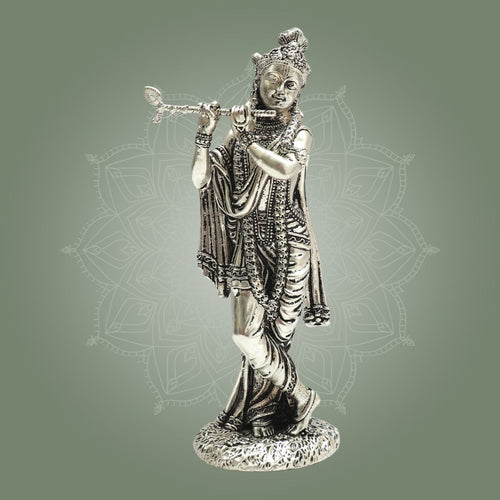 6" Lord Krishna Silver Plated Brass Idol for Home Decor and Gifting