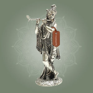 6" Lord Krishna Silver Plated Brass Idol for Home Decor and Gifting - Luxeartisanship