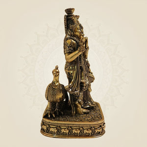 6" Radha Krishna Brass Idol with Peacock for Home Decor - Luxeartisanship