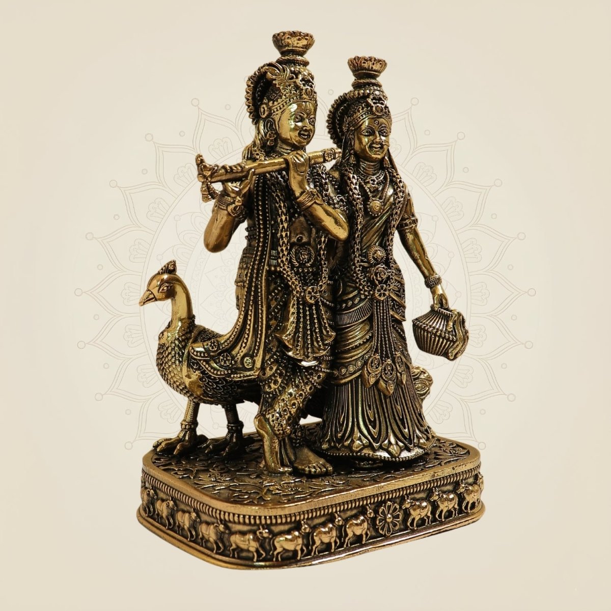 6" Radha Krishna Brass Idol with Peacock for Home Decor - Luxeartisanship