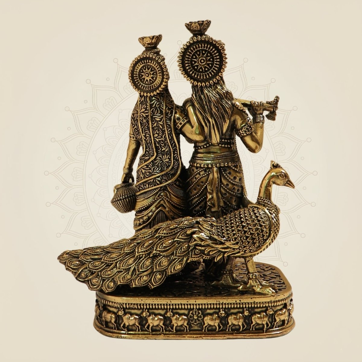 6" Radha Krishna Brass Idol with Peacock for Home Decor - Luxeartisanship