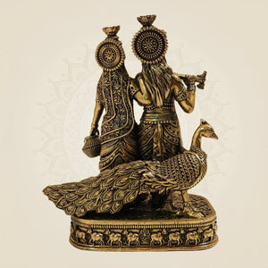6" Radha Krishna Brass Idol with Peacock for Home Decor - Luxeartisanship