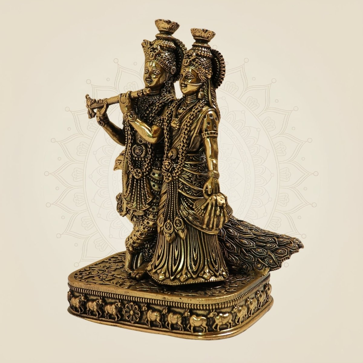 6" Radha Krishna Brass Idol with Peacock for Home Decor - Luxeartisanship
