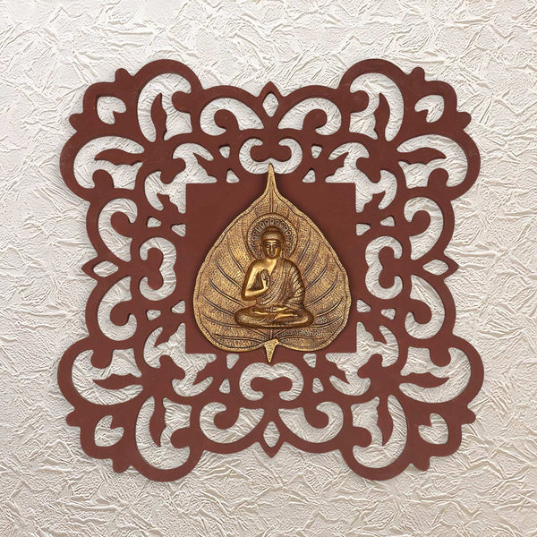 Buddha on Leaf with Decorative Wooden Wall Frame 16"– Art Piece for Spiritual Decor