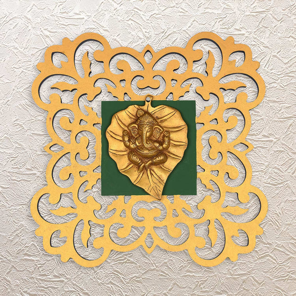 Ganesha on Leaf Brass Art in Wooden Wall Frame 16" Perfect for Home & Gift Décor