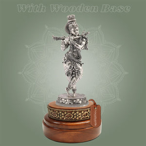 Lord Krishna Idol on Round Wood Base – 7.5" Silver Finish Handcrafted Pure Brass - Luxeartisanship