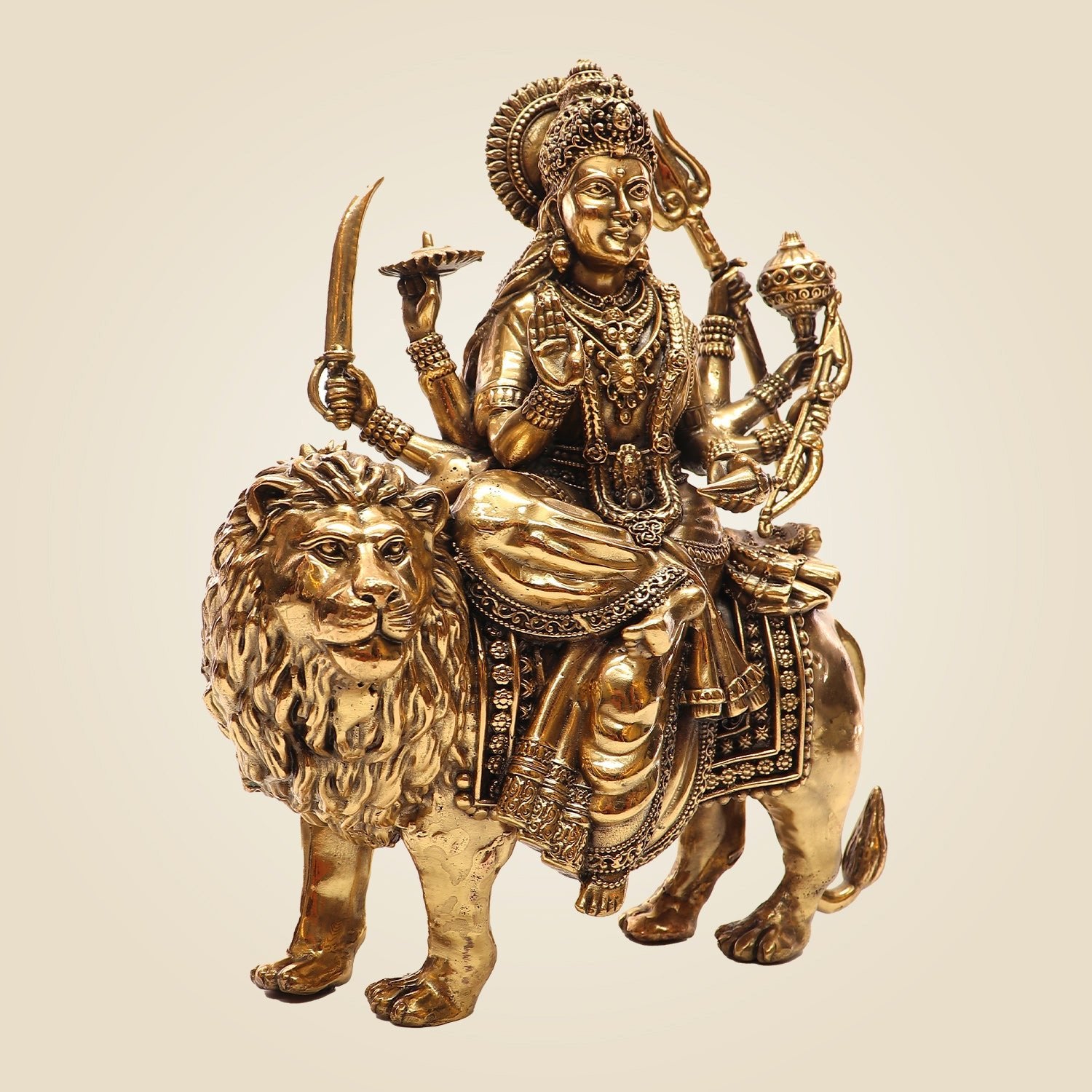 Brass Durga Mata Idol 5" - Lightweight Handcrafted Murti with Lion Base