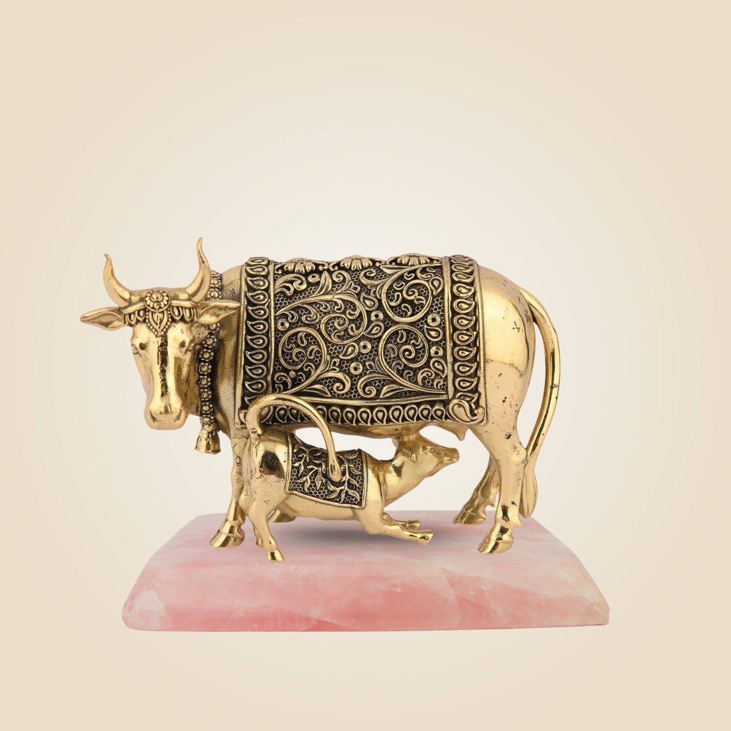 Brass Kamdhenu Cow Idol with Calf with Stone Base