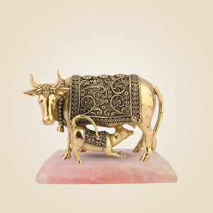Brass Kamdhenu Cow Idol with Calf with Stone Base