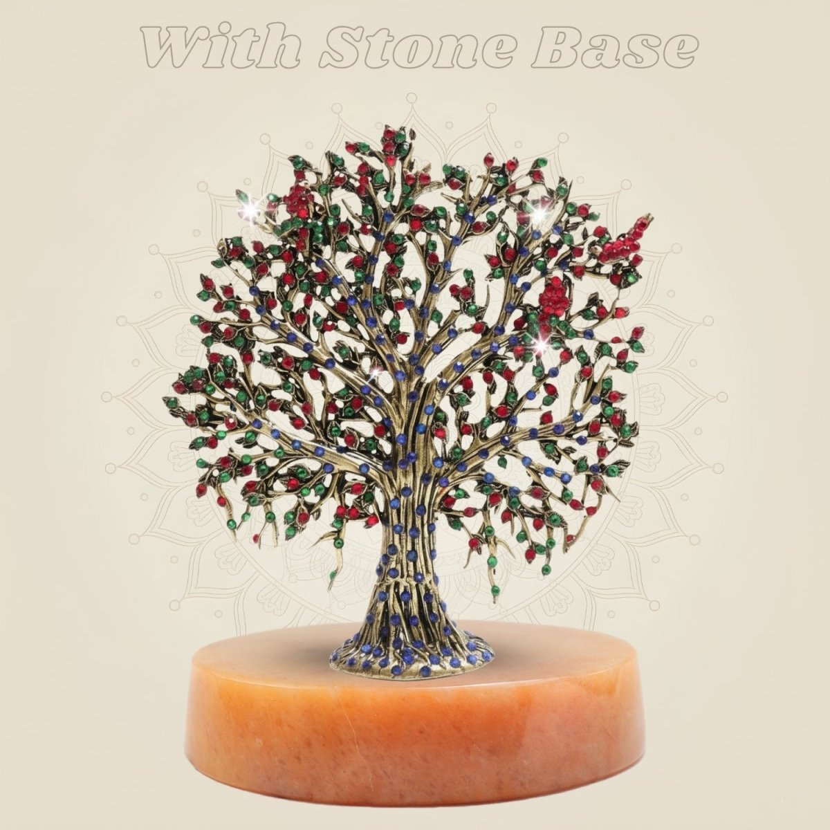 Brass Kalpavriksha Tree with Multicolor Jewellery Stone Work with Stone Base