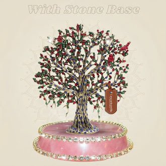 6.25 inch Brass Kalpavriksha Tree on Pink Stone with Multicolour Jewellery Work