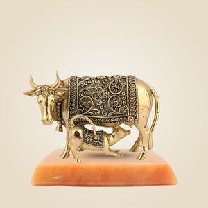 Brass Kamdhenu Cow Murti with Calf with Stone Base