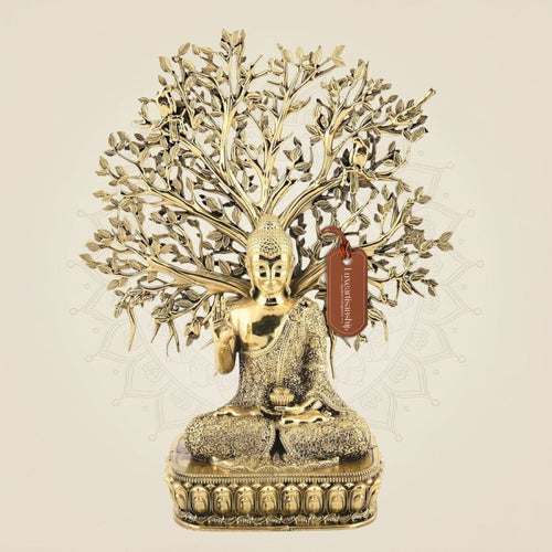 6.5" Brass Buddha Under Bodhi Tree – Enlightenment Idol on Lotus Base