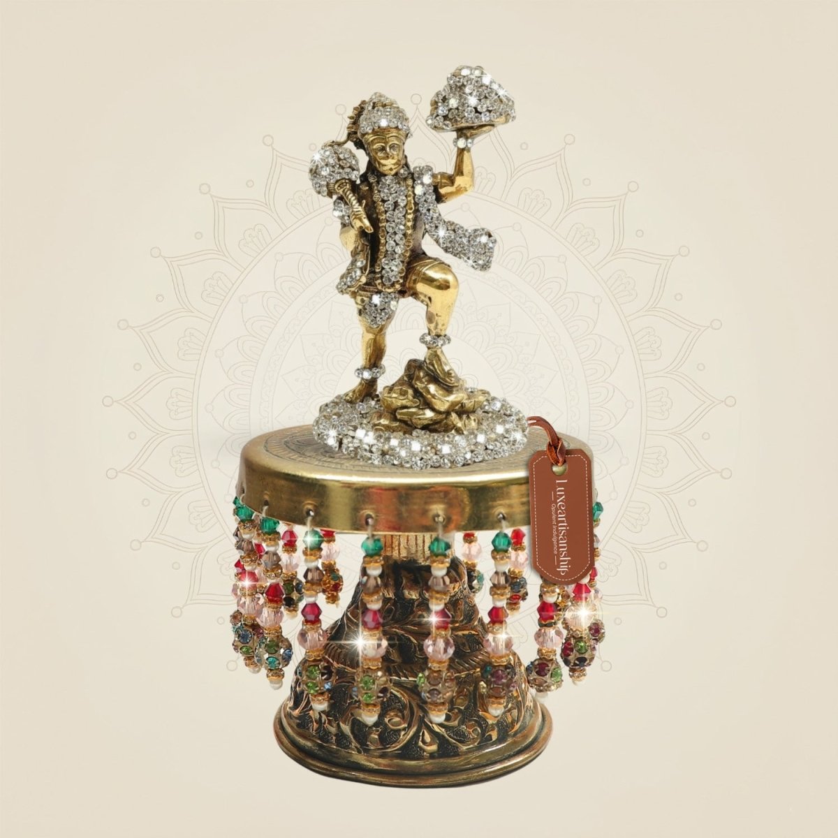 6.5" Brass Hanuman Ji Idol on Chowki with Sparkling Stone Work - Luxeartisanship