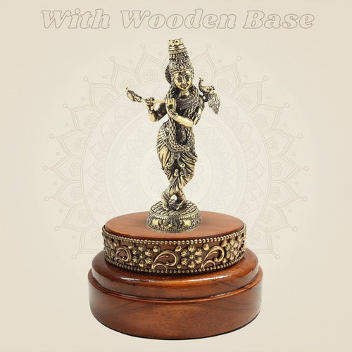 6.5" Brass Krishna Idol on Round Shape Wooden Base Accent