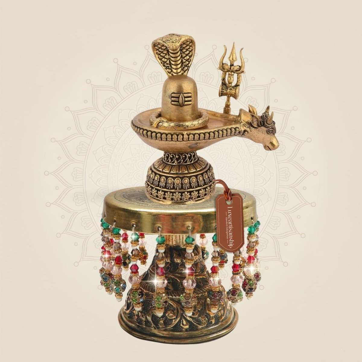 6.5" Brass Shiva Lingam with Snake on Chowki – Coiled Serpent - Luxeartisanship