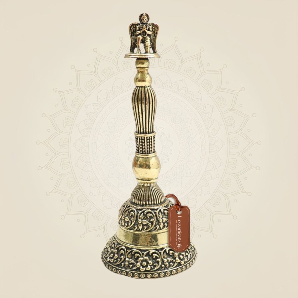 6.5" Medium Size Brass Garuda Hand Bell Featuring Traditional Sacred Motifs - Luxeartisanship