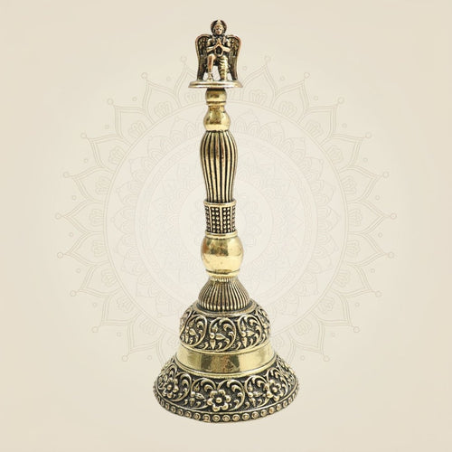 6.5" Medium Size Brass Garuda Hand Bell Featuring Traditional Sacred Motifs