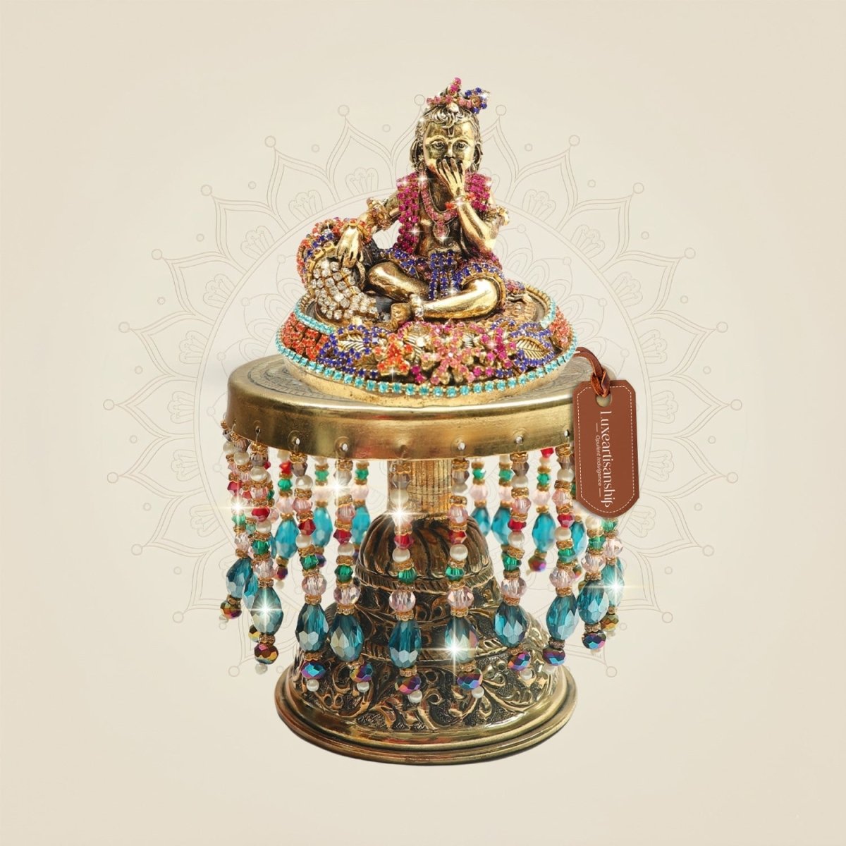 6.75" Brass Laddu Gopal Idol with Rhinestone Work on Chowki - Luxeartisanship