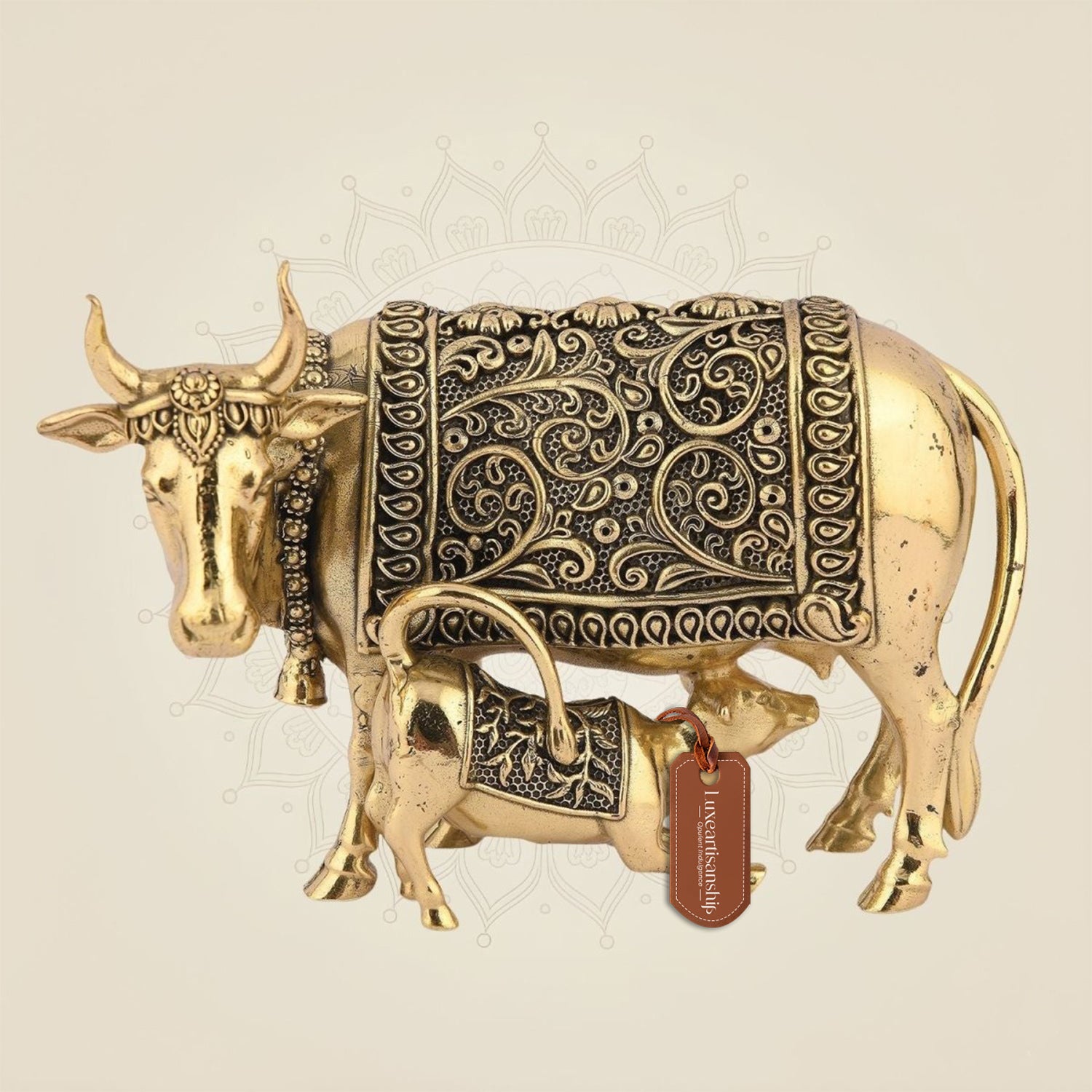 Handcrafted Brass Kamdhenu Cow with Calf Idol 2.5"