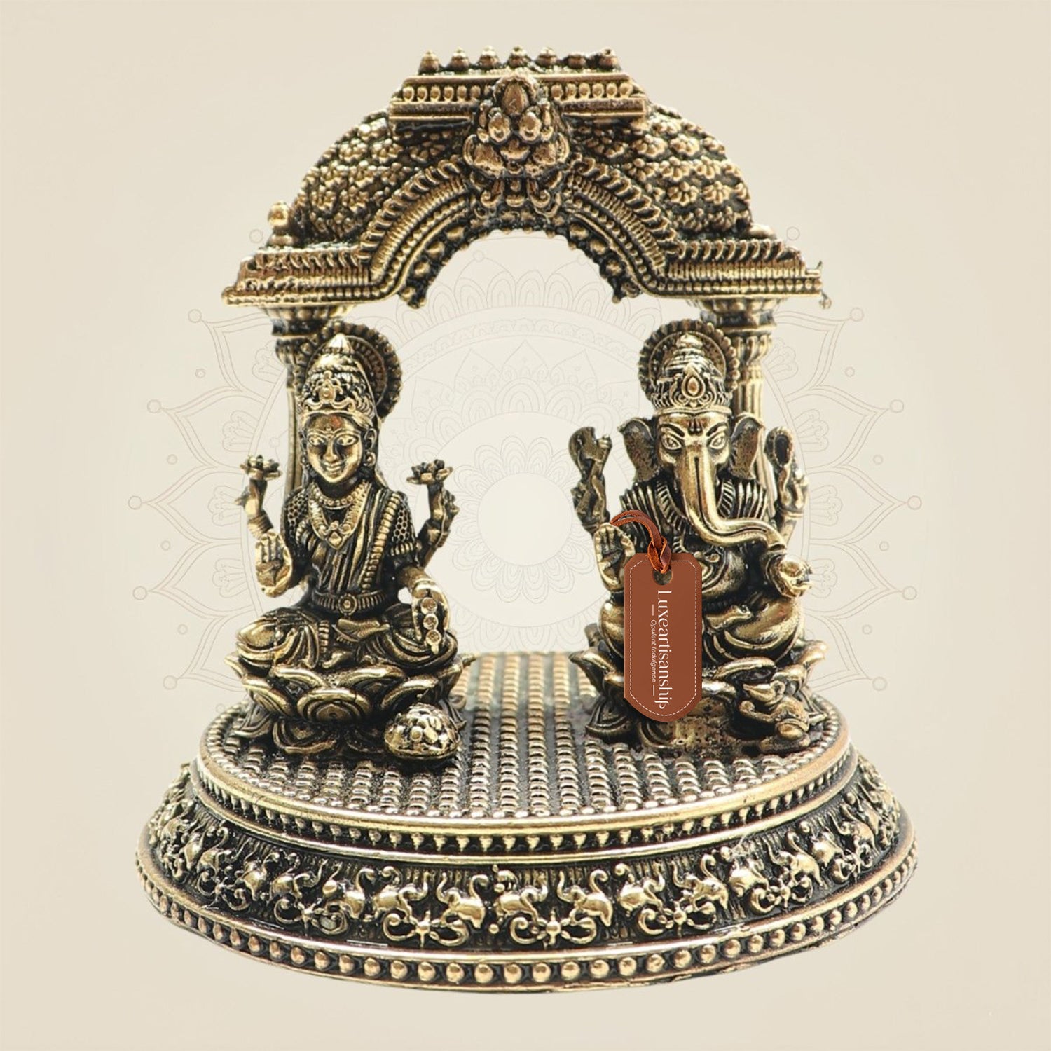 Brass Lakshmi Ganesh Idol with Smooth Round Pedestal 3" - Luxeartisanship