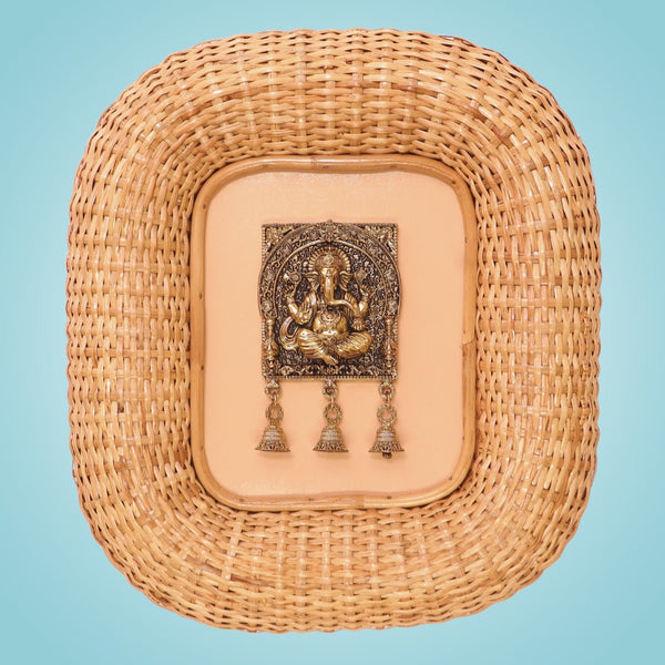 19" Intricate Ganesha Wall Hanging with 3 Bells • Cane Frame Art