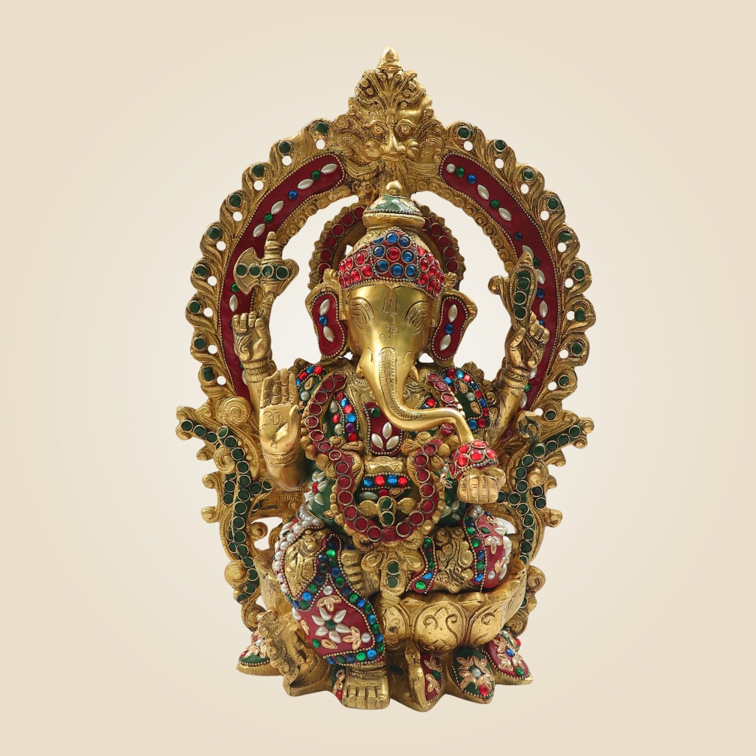 Ganesh Brass Murti 15" - Decorative Idol with Pearl & Colorful Stone Inlay Work