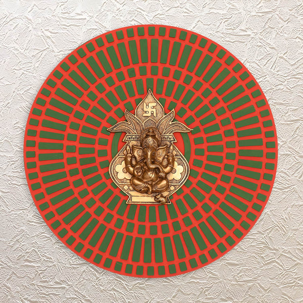 Round Wall Frame with Lord Ganesha 15"– Hanging Brass Idol in Wooden Art