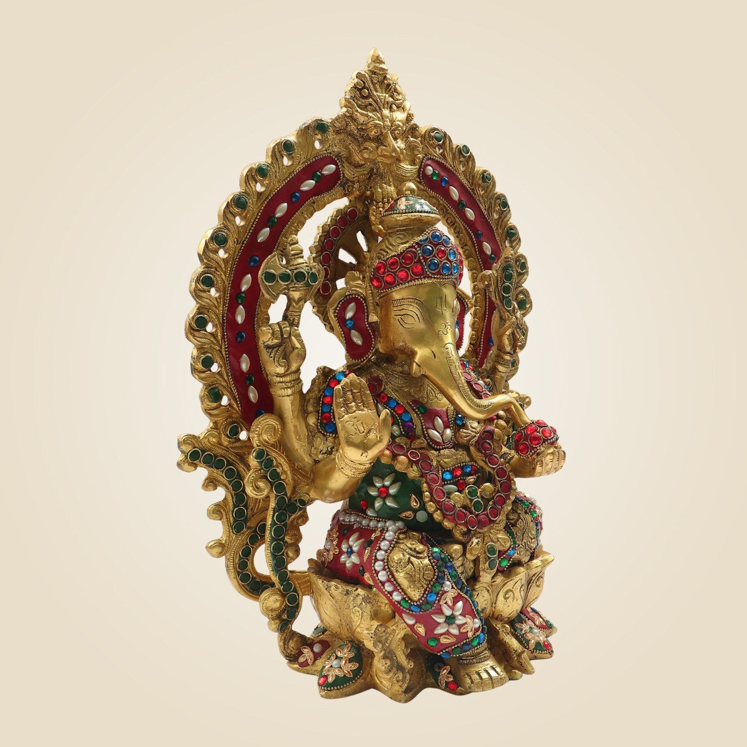 Ganesh Brass Murti 15" - Decorative Idol with Pearl & Colorful Stone Inlay Work
