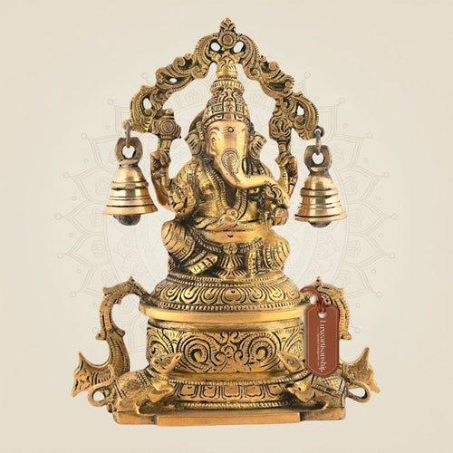 7.75" Brass Lord Ganesha Idol on High Pedestal with Hanging Bells | Handmade Superfine Statue