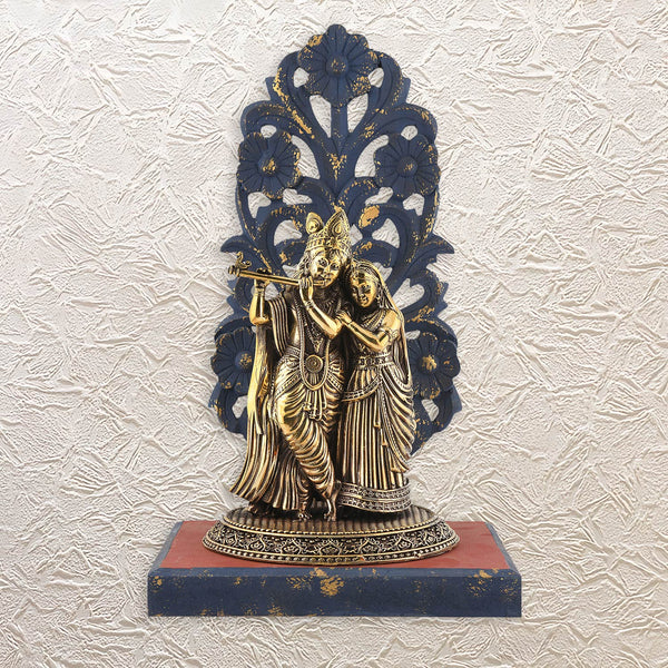 Wooden Tabletop with Radha Krishna – 12.75" Brass Idol for Spiritual Decor & Vastu
