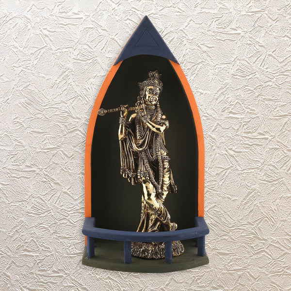 16" Wooden Tabletop Temple Shape with Radha Krishna Brass Idol – for Divine Decor