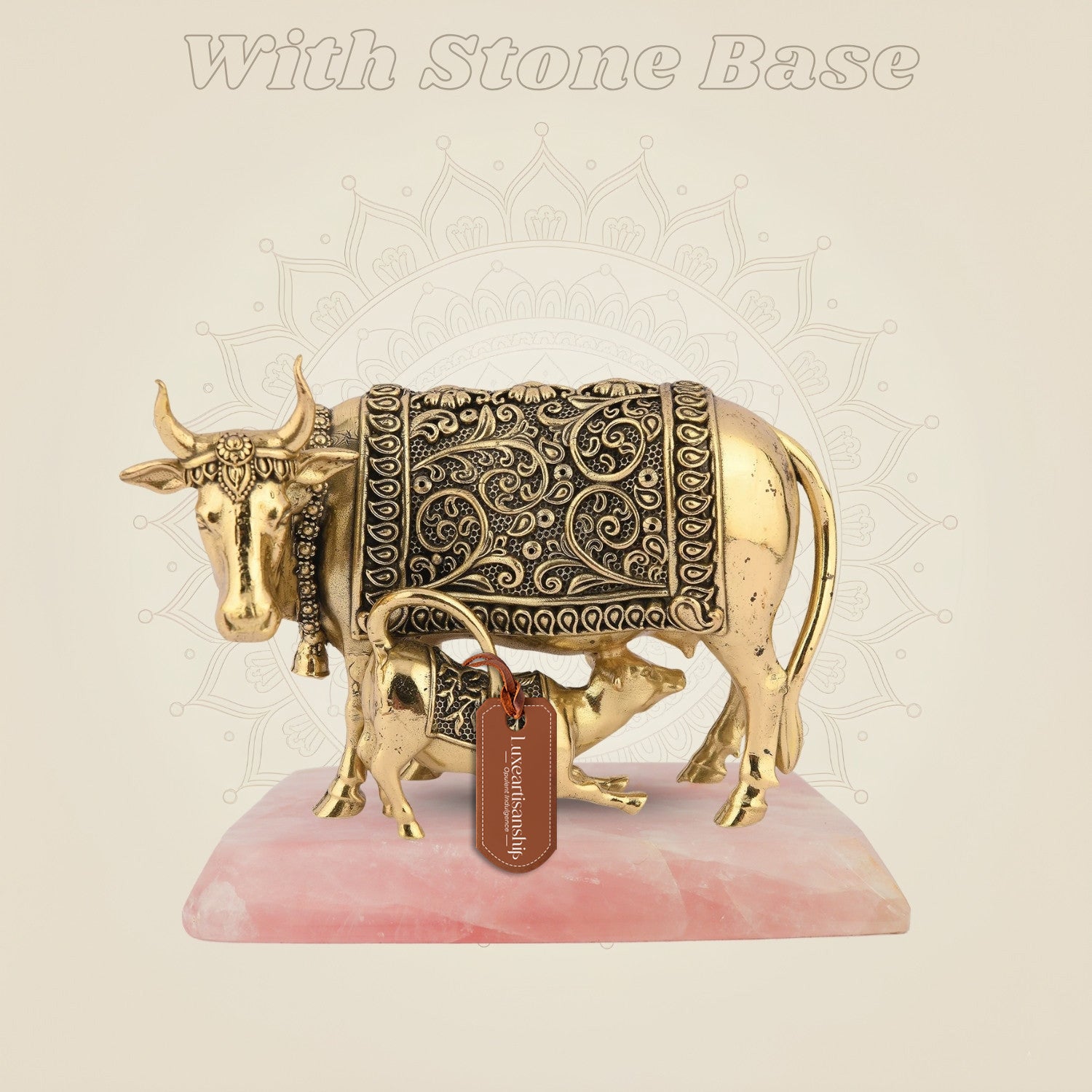Handcrafted Brass Kamdhenu Cow with Calf with stone base