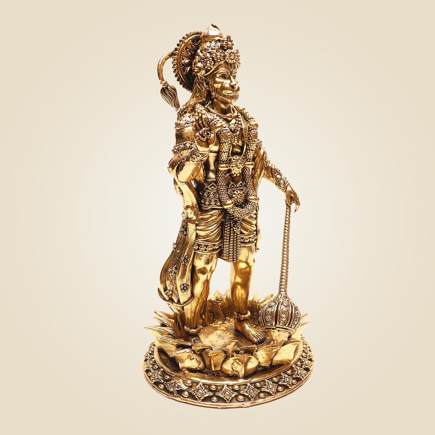 Brass Standing Hanuman Idol on Lotus – Superfine Finish Pooja Murti 8"