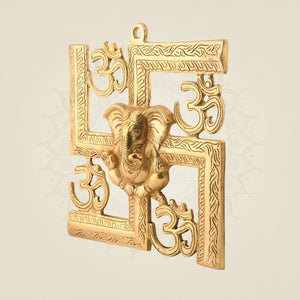 Brass Ganesha Wall Hanging – With Swastik & Om Symbols for Auspicious Decor