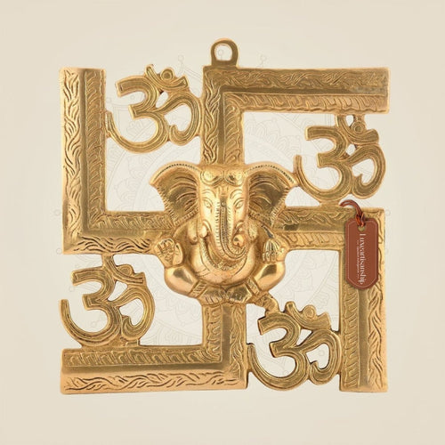 8″ Brass Ganesha Wall Hanging – With Swastik & Om Symbols for Auspicious Decor