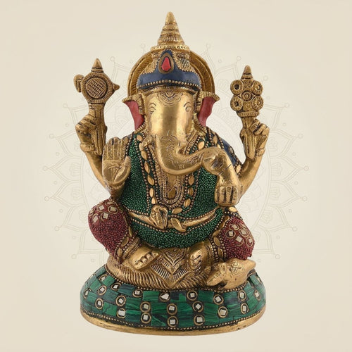 8" Meenakari Brass Ganesha Idol – Handcrafted Murti