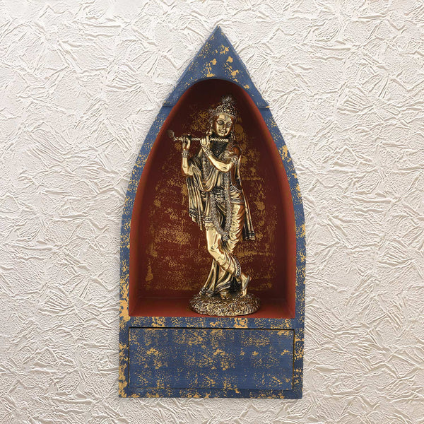Brass Figurine of Lord Krishna on a Wooden Tabletop with a Drawer - 16 inches