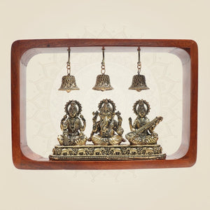 8.25" Brass Lakshmi Ganesha Saraswati Idol Set in Wooden Frame with Hanging Bells - Luxeartisanship