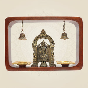 8.25" Brass Tirupati Balaji Idol in Wooden Frame with Hanging Bells - Luxeartisanship